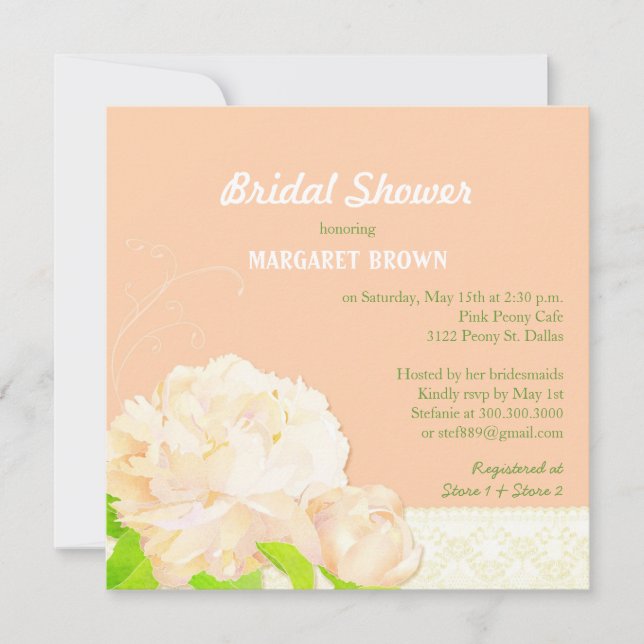 Watercolor Peach Peony Bridal Shower Invitation (Front)