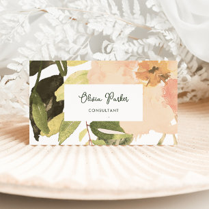 Watercolor Peach Peony Flower and Leaves Business Card