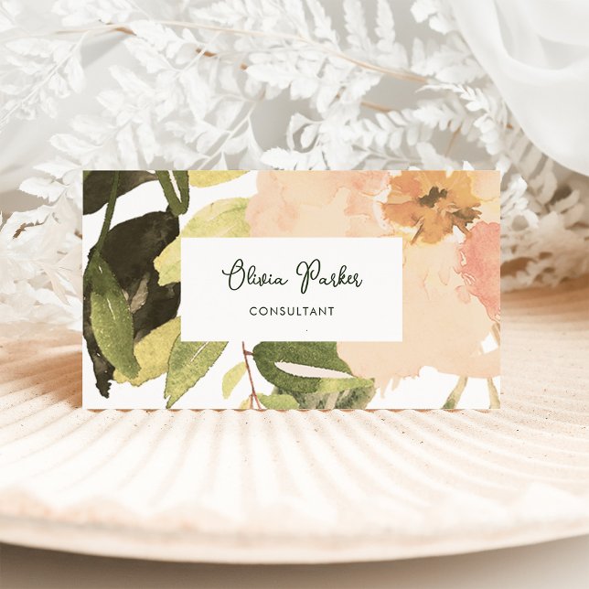 Watercolor Peach Peony Flower and Leaves Business Card (Creator Uploaded)
