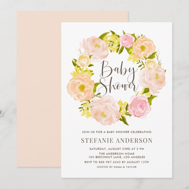 Watercolor Peach Peony Wreath Baby Shower Invitation (Front/Back)