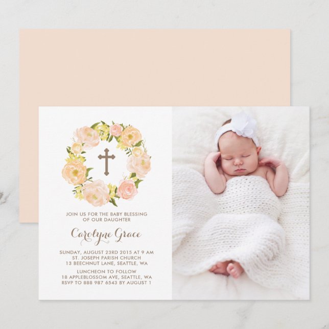 Watercolor Peach Peony Wreath Photo Baby Blessing Invitation (Front/Back)