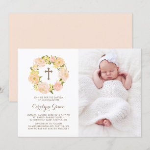 Watercolor Peach Peony Wreath Photo Baptism Invitation