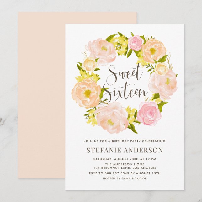 Watercolor Peach Peony Wreath Sweet Sixteen Invitation (Front/Back)