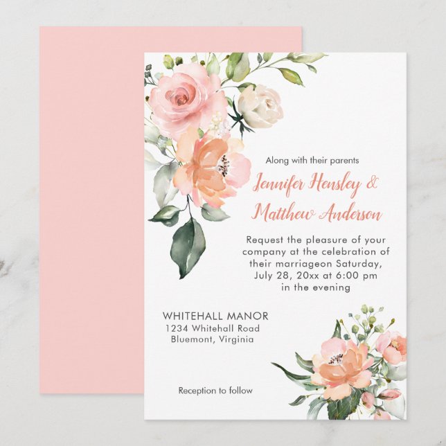 Watercolor Peach Pink and White Roses Wedding Invitation (Front/Back)