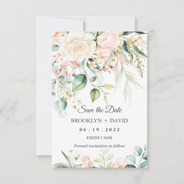 Watercolor Peach Pink Blush Flower Save the Date Invitation (Front)