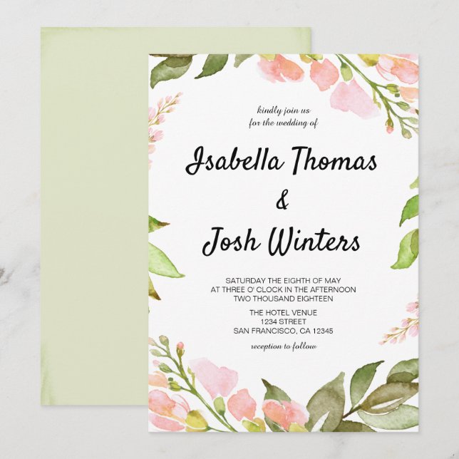 Watercolor Peach Pink Floral Rustic Boho Wedding Invitation (Front/Back)