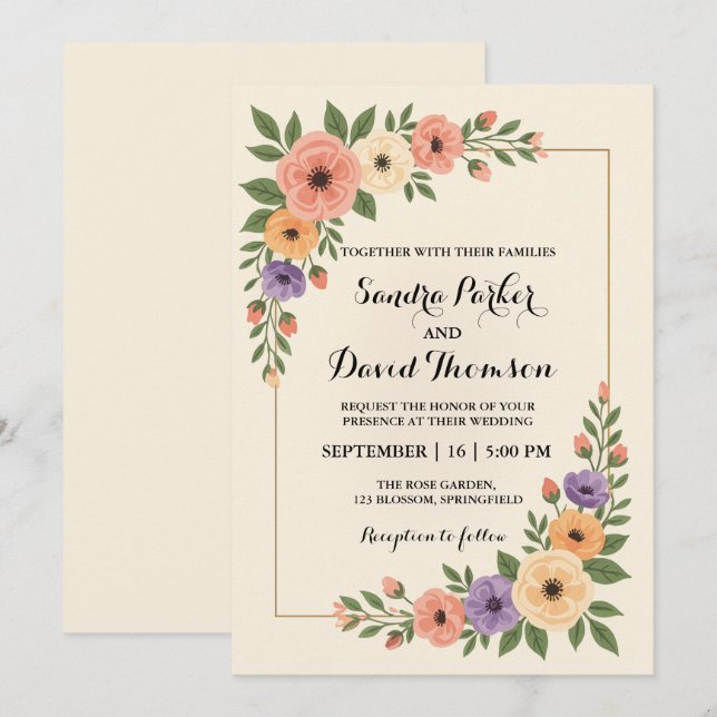 watercolor peach pink lavender romantic wedding invitation (Front/Back)