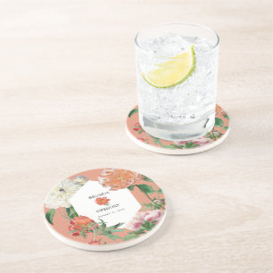 Watercolor Peach Pink Peonies Flowers Wedding Coaster