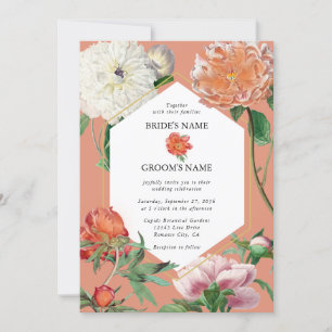 Watercolor Peach Pink Peonies Flowers Wedding Invitation