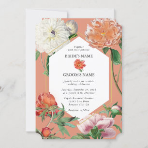 Watercolor Peach Pink Peonies Flowers Wedding Invitation