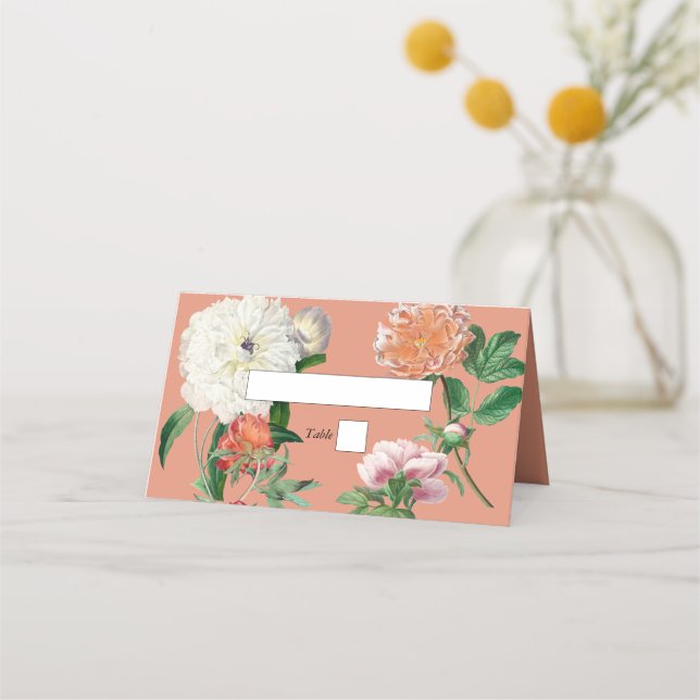Watercolor Peach Pink Peonies Flowers Wedding Place Card (Front)