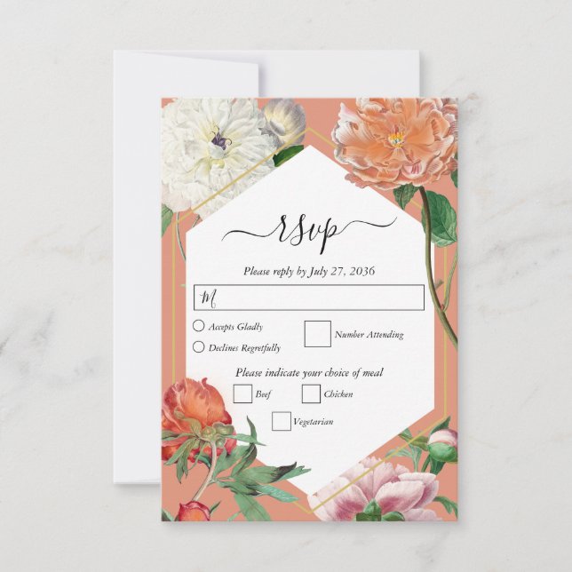Watercolor Peach Pink Peonies Flowers Wedding RSVP Card (Front)