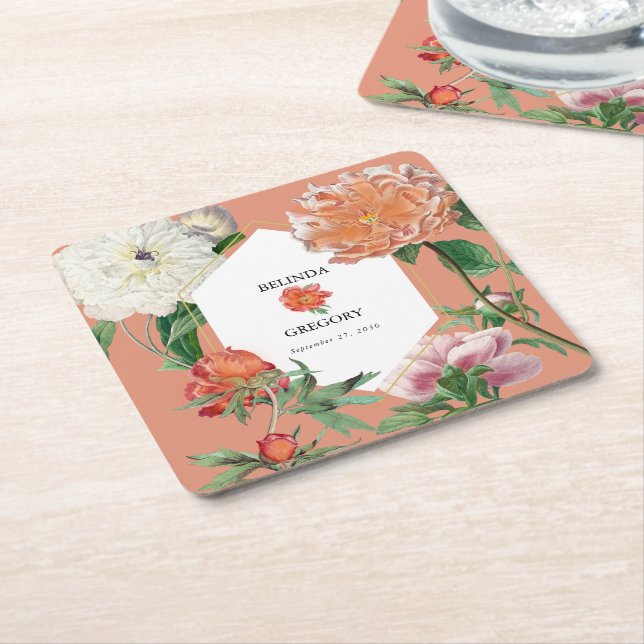 Watercolor Peach Pink Peonies Flowers Wedding Square Paper Coaster (Angled)