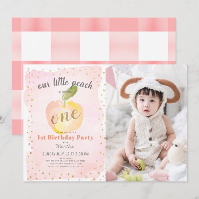 Watercolor Peach Pink Photo Girl 1st Birthday Invitation (Front/Back)