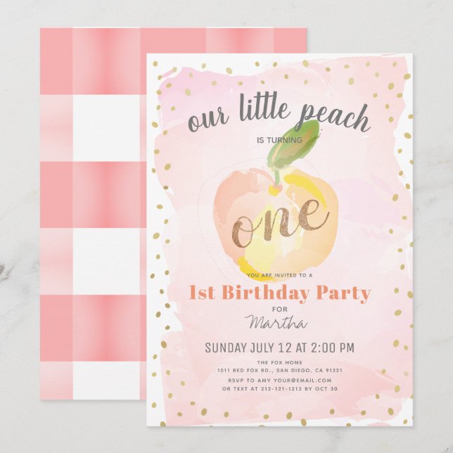 Watercolor Peach Pink x Gold Girl 1st Birthday Invitation (Front/Back)