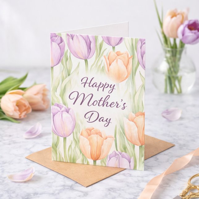 Watercolor Peach Purple Tulips Happy Mother's Day Card (Creator Uploaded)