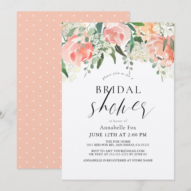 Watercolor Peach Rose Floral Bridal Shower Invitation (Front/Back)