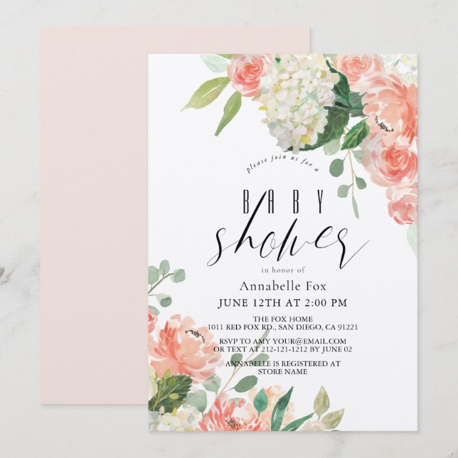 Watercolor Peach Rose & Hydrangea Baby Shower Invitation (Front/Back)