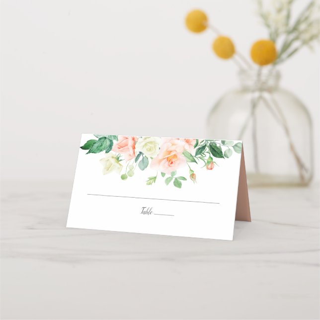 Watercolor Peach Roses and Greenery Place Cards | (Front)