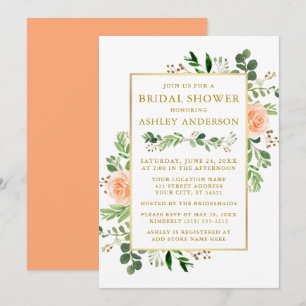 Watercolor Peach Roses Bridal Shower Greenery Gold Invitation