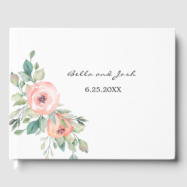 Watercolor Peach Roses Floral Wedding Guest Book (Front)