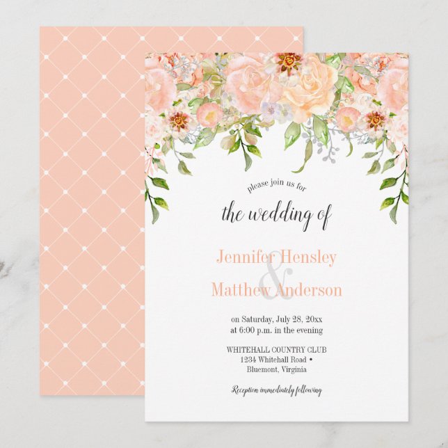 Watercolor Peach Roses Floral Wedding Invitation (Front/Back)