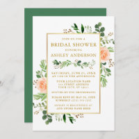 Watercolor Peach Roses Greenery Bridal Shower Gold