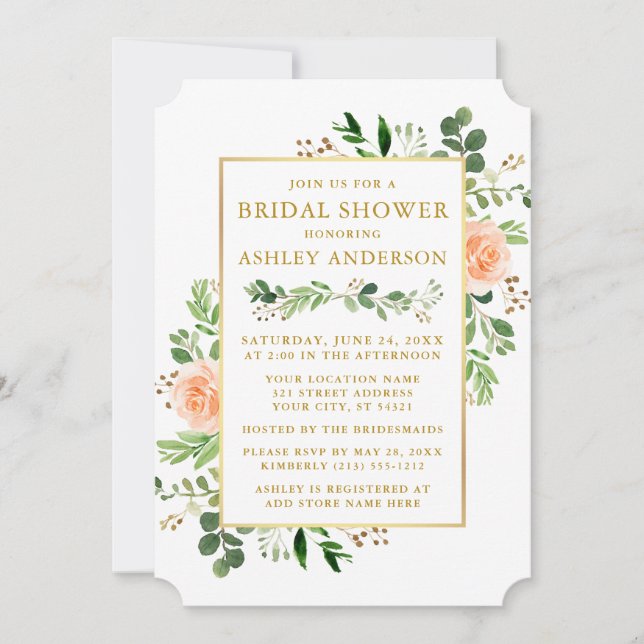 Watercolor Peach Roses Greenery Gold Bridal Shower Invitation (Front)