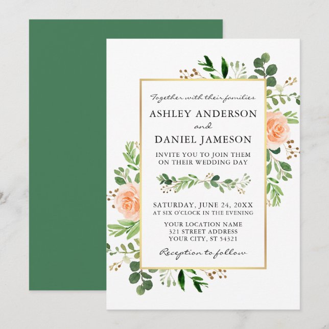 Watercolor Peach Roses Greenery Wedding Invitation (Front/Back)