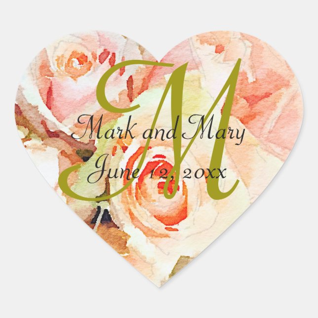 Watercolor Peach Roses Monogram Heart Sticker (Front)