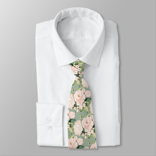 Watercolor Peach Roses Peonies Hydrangeas Tie (Tied)