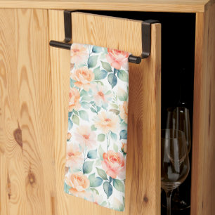 Watercolor Peach Roses Tea Towel