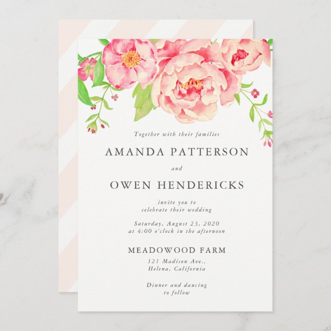 Watercolor Peach Roses Wedding Invitation (Front/Back)