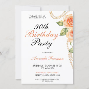 Watercolor Peach Roses with Pearls 90th Birthday Invitation