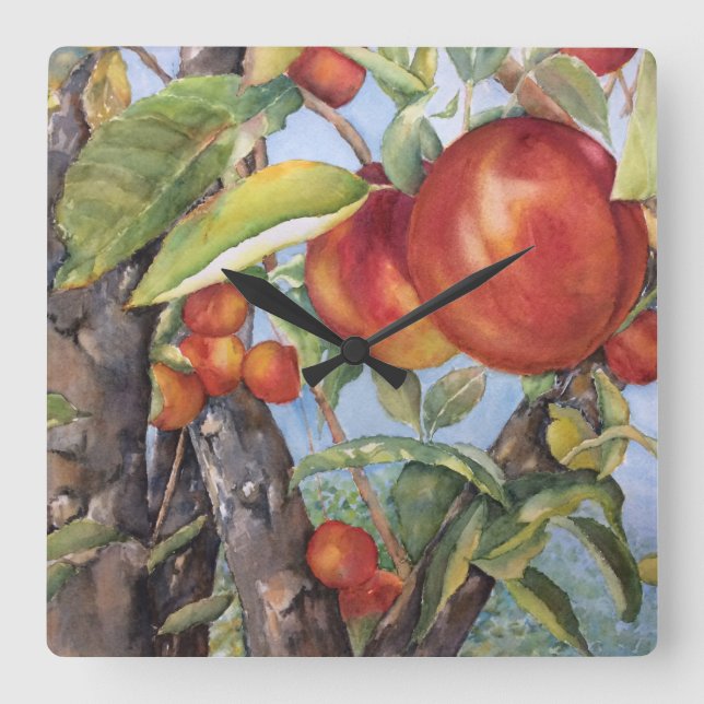 Watercolor Peach Tree Orchard Fruit Harvest  Square Wall Clock (Front)