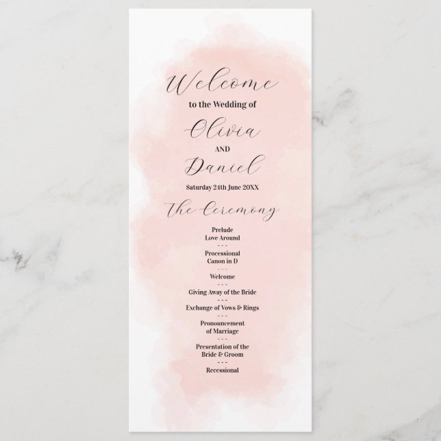 Watercolor Peach Wash Wedding Menu Ceremony Detail (Front)