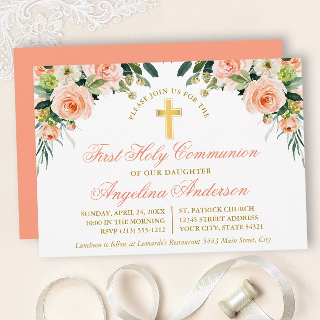 Watercolor Peach White Floral First Communion Gold Invitation (Customize to change text color, size, style or to change color of back of card.)