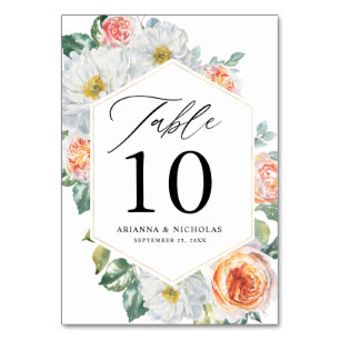 Watercolor Peach & White Floral Gold Frame Wedding Table Number