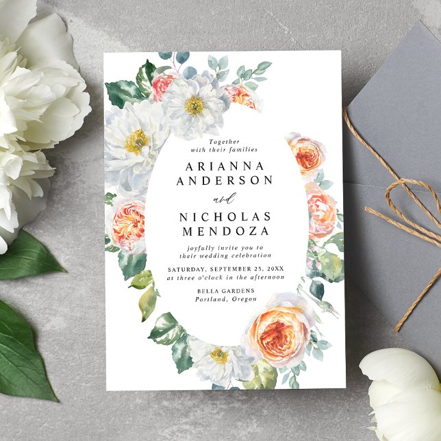 Watercolor Peach & White Floral Oval Frame Wedding Invitation (Creator Uploaded)