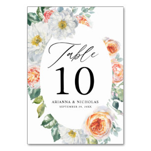 Watercolor Peach & White Floral Oval Frame Wedding Table Number
