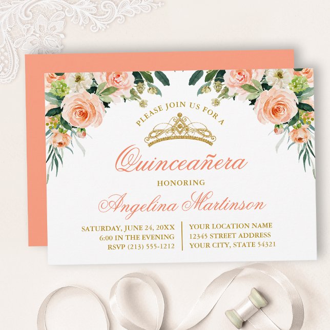 Watercolor Peach White Floral Quinceanera Party Invitation (Customize to change text color, style, add text & photos to back or change color of back of card.)