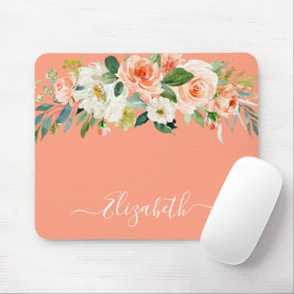 Watercolor Peach White Floral Trendy Script Mouse Mat