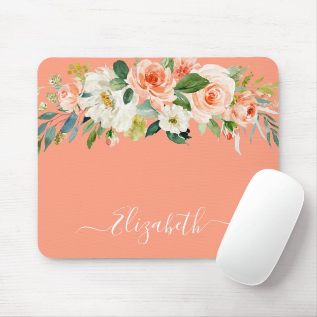 Watercolor Peach White Floral Trendy Script Mouse Mat (With Mouse)