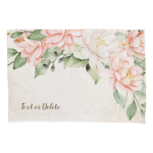 Watercolor Peach White Flowers Elegant Pillowcase (Front)