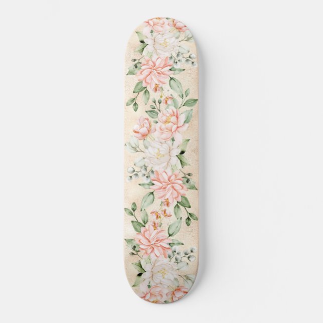 Watercolor Peach White Flowers Elegant Skateboard (Front)