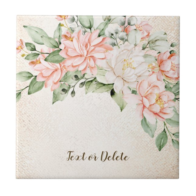 Watercolor Peach White Flowers Elegant Tile (Front)
