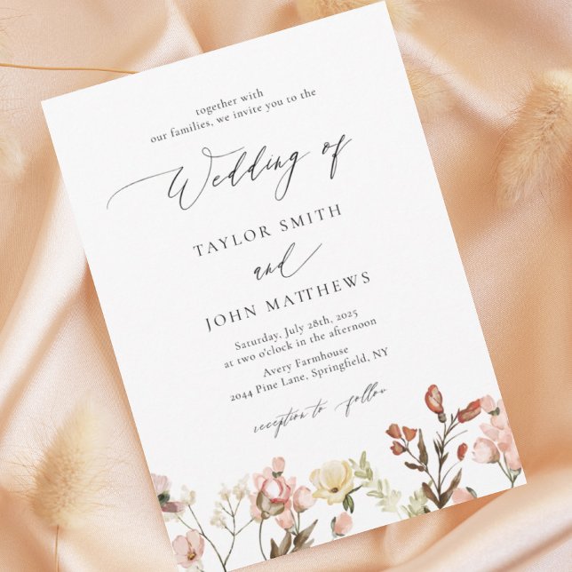 Watercolor Peach Wildflower  Calligraphy Wedding Invitation (Creator Uploaded)