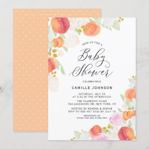 Watercolor Peaches and Flowers Baby Shower Invitation