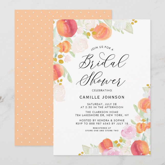Watercolor Peaches and Flowers Bridal Shower Invitation (Front/Back)