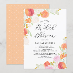 Watercolor Peaches and Flowers Bridal Shower Invitation